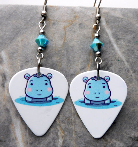 Adorable Baby Hippo Guitar Pick Earrings with Turquoise ABx2 Swarovski Crystals