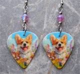 Corgi in the Flowers Guitar Pick Earrings with Pink Swarovski Crystals