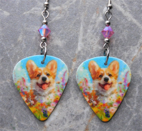 Corgi in the Flowers Guitar Pick Earrings with Pink Swarovski Crystals