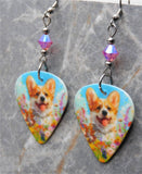 Corgi in the Flowers Guitar Pick Earrings with Pink Swarovski Crystals