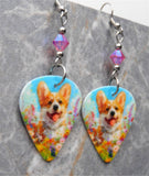 Corgi in the Flowers Guitar Pick Earrings with Pink Swarovski Crystals
