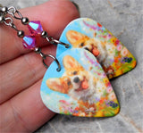 Corgi in the Flowers Guitar Pick Earrings with Pink Swarovski Crystals