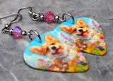 Corgi in the Flowers Guitar Pick Earrings with Pink Swarovski Crystals