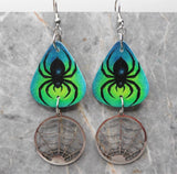 Spider Guitar Pick Earrings with Stainless Steel Spider Web Charm Dangles