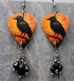 Raven Blackbird Crow Guitar Pick Earrings with Black Swarovski Crystal Dangles