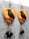 Raven Blackbird Crow Guitar Pick Earrings with Black Swarovski Crystal Dangles