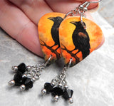 Raven Blackbird Crow Guitar Pick Earrings with Black Swarovski Crystal Dangles