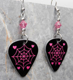 Spiderweb and Hearts Guitar Pick Earrings with Pink Swarovski Crystals