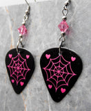 Spiderweb and Hearts Guitar Pick Earrings with Pink Swarovski Crystals