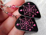 Spiderweb and Hearts Guitar Pick Earrings with Pink Swarovski Crystals