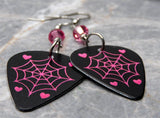 Spiderweb and Hearts Guitar Pick Earrings with Pink Swarovski Crystals