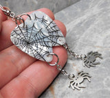 Spiderweb on White MOP Guitar Pick Earrings with Stainless Steel Spider Charm Dangles