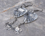 Spiderweb on White MOP Guitar Pick Earrings with Stainless Steel Spider Charm Dangles