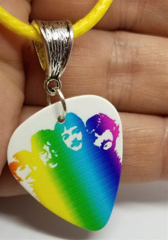 Colorful Beatles Guitar Pick Necklace with a Yellow Rolled Cord