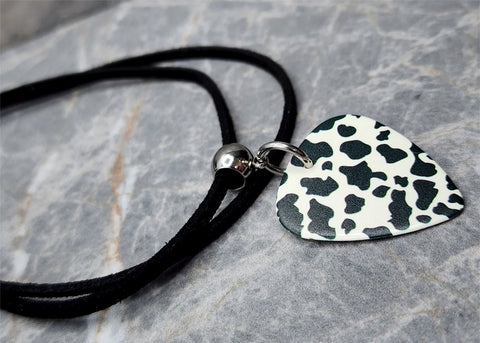 Cow Print Guitar Pick Necklace on Black Suede Cord