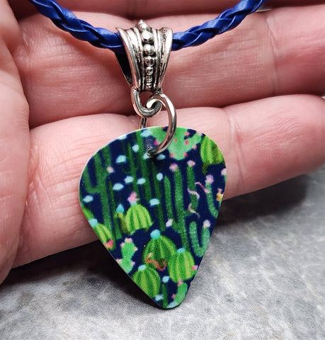 Cacti on Blue Guitar Pick Necklace with Blue Braided Cord