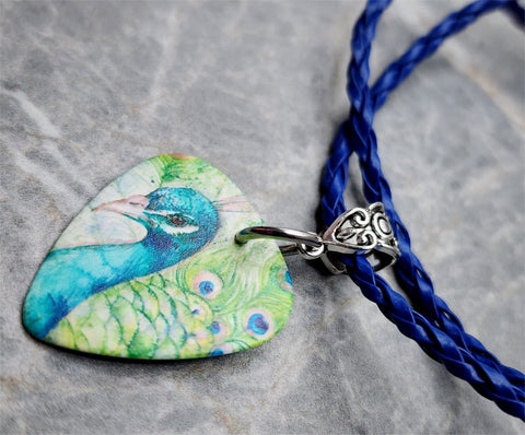 Peacock Two-Sided Guitar Pick Necklace on Blue Braided Cord