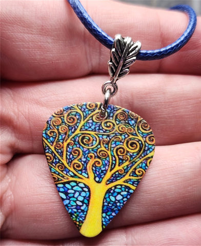 Tree of Life Guitar Pick Necklace on Blue Rolled Cord