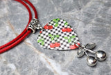 Cherries and Gingham Guitar Pick Necklace on Red Rolled Cord
