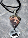Grizzly Bear Guitar Pick Necklace on Black Suede Cord with Mama Bear Stainless Steel Charm