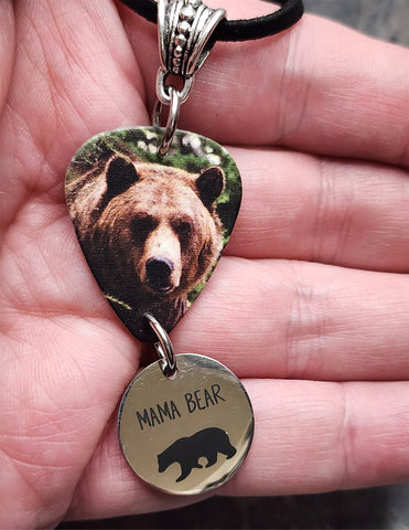 Grizzly Bear Guitar Pick Necklace on Black Suede Cord with Mama Bear Stainless Steel Charm