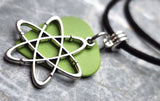 Atom Charm on Green Guitar Pick Necklace with Black Suede Cord