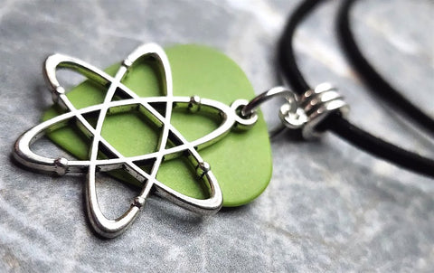 Atom Charm on Green Guitar Pick Necklace with Black Suede Cord