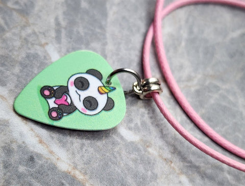 Pandacorn Guitar Pick Necklace with a Rolled Light Pink Cord