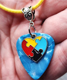 Autism Awareness Heart Charm on Aqua Guitar Pick Necklace on Yellow Rolled Cord