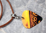Field of Sunflowers Guitar Pick Necklace on Brown Suede Cord