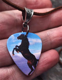 Horse Rearing Up Guitar Pick Necklace on Brown Suede Cord