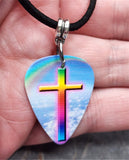God's Promise Cross with Rainbow Guitar Pick Necklace with Black Suede Cord