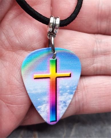 God's Promise Cross with Rainbow Guitar Pick Necklace with Black Suede Cord