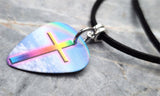 God's Promise Cross with Rainbow Guitar Pick Necklace with Black Suede Cord