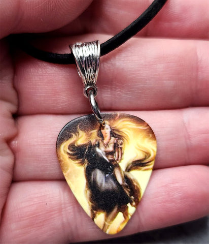 Beautiful Black Horse with Female Rider Guitar Pick Necklace on Black Suede Cord