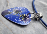 Palm Trees at Night Guitar Pick Necklace with Blue Rolled Cord