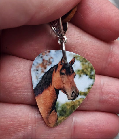 Beautiful Brown Horse Guitar Pick Necklace on Brown Suede Cord
