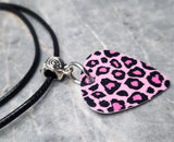 Leopard Print Pink Guitar Pick Necklace on Black Rolled Cord