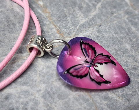 Butterfly Purple to Pink Ombre Guitar Pick Necklace with Pink Rolled Cord