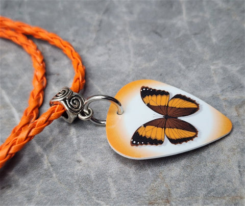 Orange Butterfly Guitar Pick Necklace with Orange Braided Cord