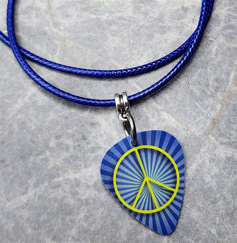 Peace Sign Guitar Pick on Blue Rolled Cord Necklace