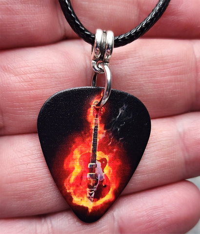 Electric Guitar in Flames Guitar Pick Necklace with Black Rolled Cord