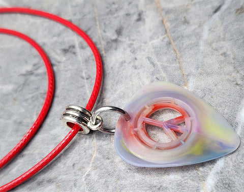 MultiColor Peace Sign Cut Out Guitar Pick Necklace with Red Rolled Cord