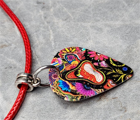 Trippy Mushroom Scene Guitar Pick Necklace with Red Rolled Cord