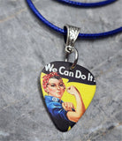 Rosie the Riveter Guitar Pick Necklace with a Blue Rolled Cord