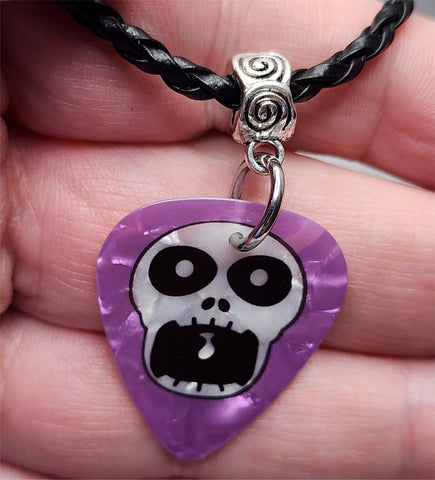 Open-Mouthed Skull on a Purple MOP Guitar Pick Necklace with Black Braided Cord