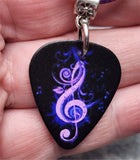 Purple G Clef Black Guitar Pick Necklace with Purple Rolled Cord