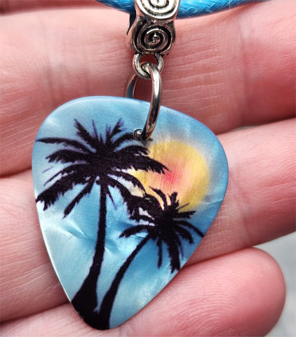 Palm Tree Guitar Pick Necklace with Blue Rolled Cord