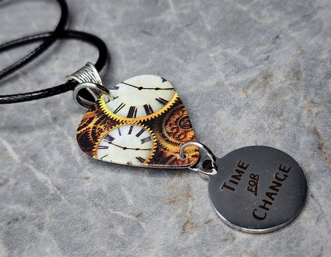 Time for Change on Clock Guitar Pick Necklace with Rolled Black Cord
