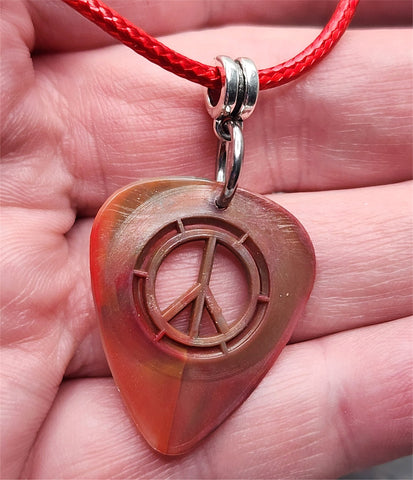Red and Black Peace Sign Cut Out Guitar Pick Necklace with Red Rolled Cord